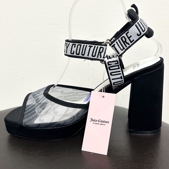 Juicy Couture Black White Gramercy Mesh Open Toe Straps Platform Block Heels 8.5 - Picture 2 of 11